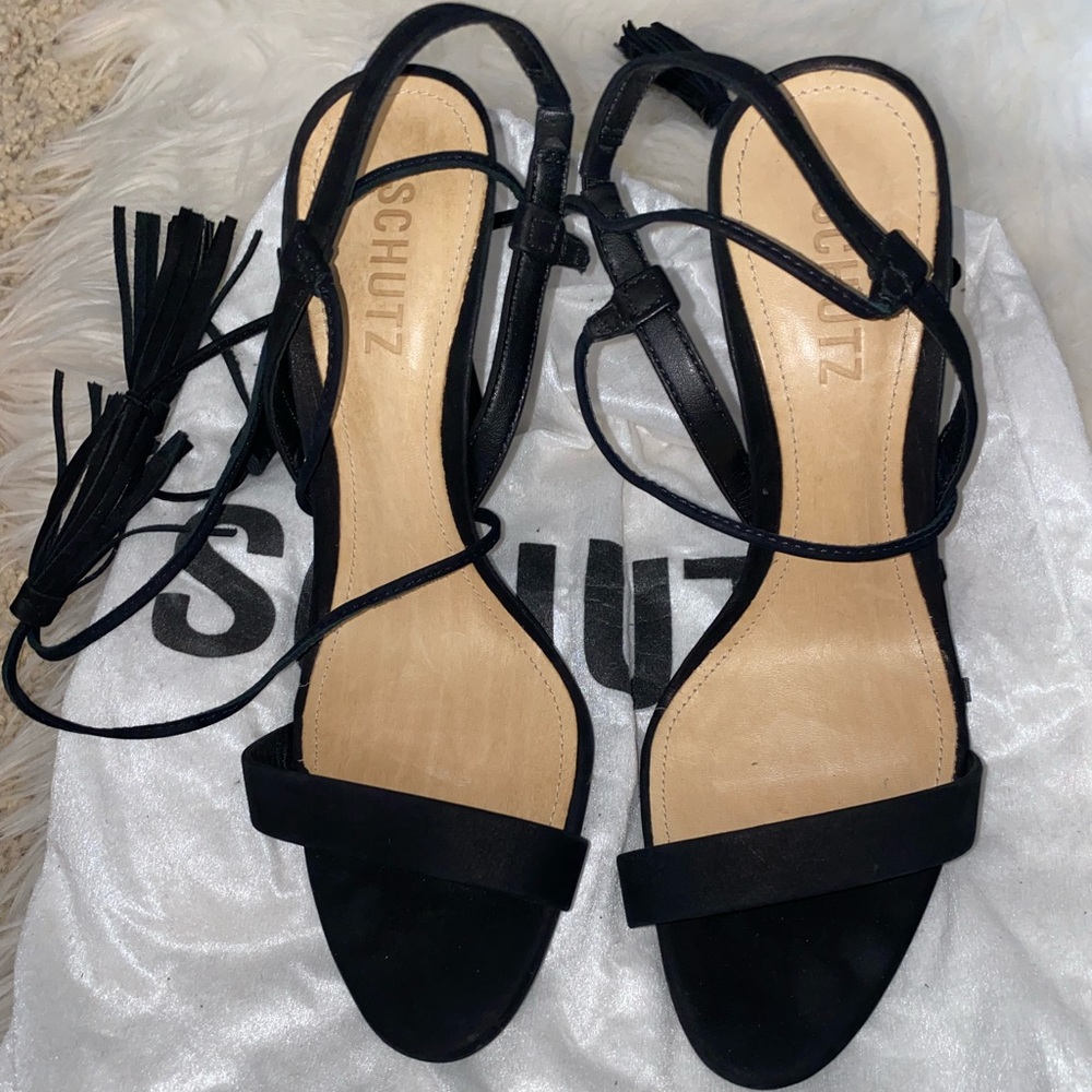 SCHUTZ MARZULA TASSEL-TIE LEATHER SANDALS BLACK HIGH HEEL STRAPPY OPEN T…